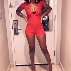 Prettylittlething Red Lace Top Romper